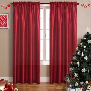 Plain Damask Curtain Red